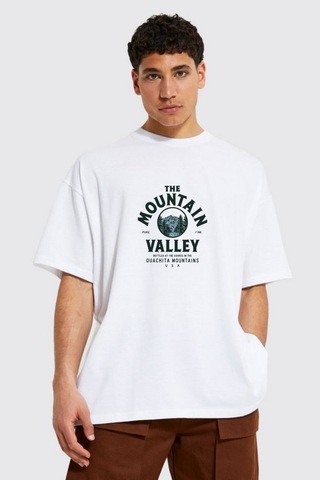 Prtnc Protonic Erkek Oversize Beyaz T-shirt Montain Baskılı %100 Pamuk Kalın Dokulu Çok Renkli