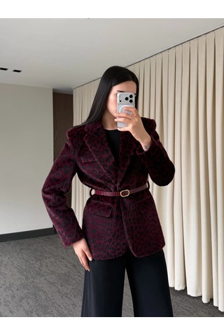Laluvia Bordo Leopar Kemerli Ceket - 9614 Bordo