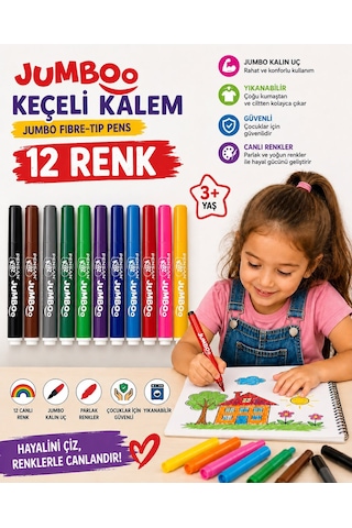 Pensan Kidz Jumboo 12 Renk Yıkanabilir Jumbo Keçeli Kalem Kalın Uçlu Çocuk Boyama Kalemi Çok Renkli