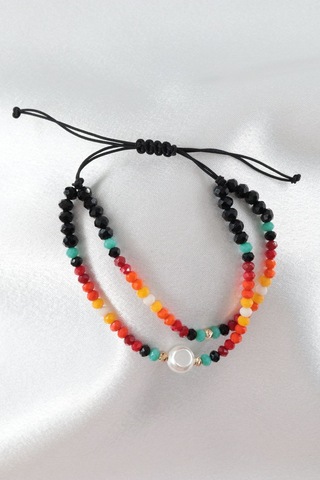 2li İncili Asansörlü Kombin Bileklik. Boncuk Bileklik, İp Bileklik, Halhal Bileklik. Kadın Bileklik. Çok Renkli