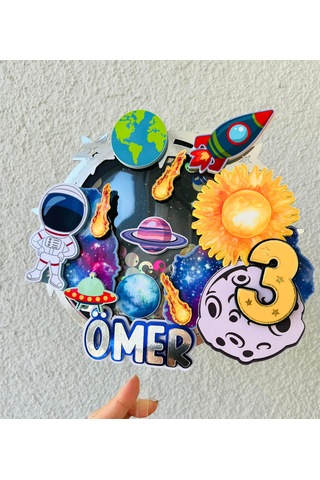 Uzay Temalı İsme Özel Erkek Çocuk Doğum Günü Pasta Süsü