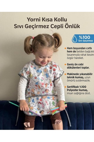 Lexroo Family 3-6 Yaş Kısa Kollu Sıvı Geçirmez Önlük, Makinede Yıkanabilir, Boya Çok Renkli