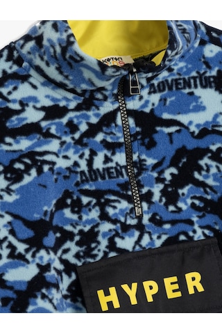 Koton Oversize Polar Sweatshirt Dik Yaka Yarım Fermuar Kanguru Cepli Mavi Desenli 5wkb10188tk Mavi