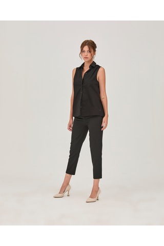 Arka Yırtmaç Detay Kemerli Gömlek Siyah Siyah