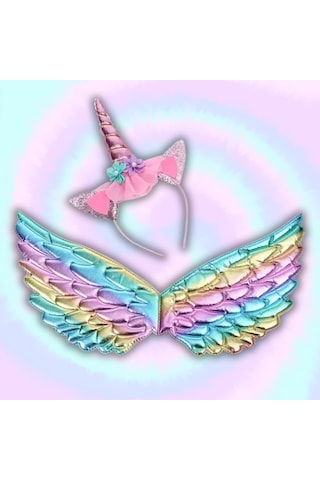 2 Parça Set Takım Kanat Unicorn Taç Peri Pembe Parlak Parti Kostüm Aksesuar Etkinlik Kız Çocuk