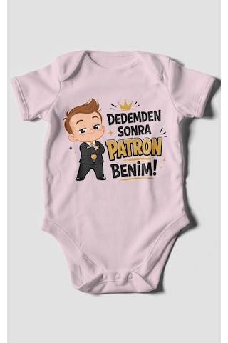 Morivokids Dedemden Sonra Patron Benim Kısa Kollu Bebek Body %100 Pamuk Bebe Pembe