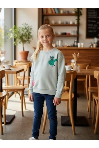 Kız Çocuk Pamuklu Tavşan Desenli İnce Uzun Kollu Sweatshirt-16335 Yeşil