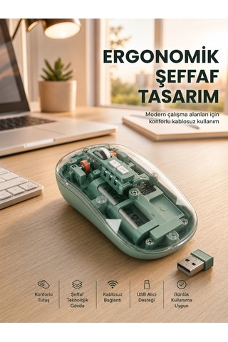 Bluetooth Ve 2.4g Usb Destekli Pilli Kablosuz Şeffaf Mouse Yeni Nesil
