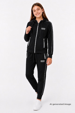 Pina Kids Kız Çocuk Scuba Unlimited Çift Şeritli Kapüşonlu Reglan Kol Dalgıç Kumaş Eşofman Takımı Esf7023 siyah