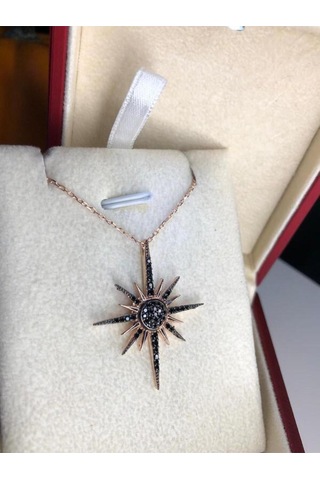 Kuzey Yıldızı Kutup Yıldızı Motifli Siyah Oniks Taşlı Gümüş Işıklı Kutuda Sevgiliye Eşe Kolye