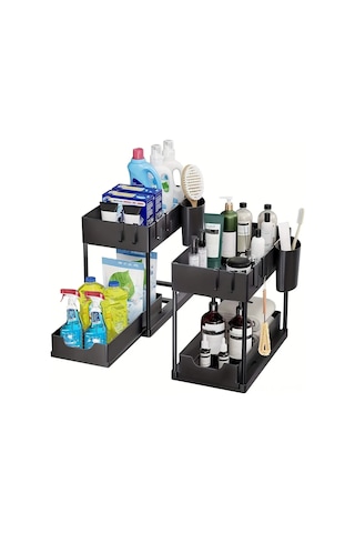 Geeroyoo Sıvıya Dayanıklı Çekmeceli Depolama Rafı, Çift Katlı Tasarım, Mutfak/banyo Kullanıma Uygun, 2 Çubukluk + 5 Kanca Hediyeli, Siyah H-tipi Siyah