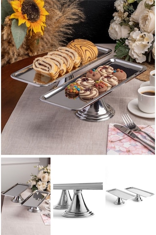 2'li Gümüş Dikdörtgen, Ayaklı Şık Kek, Pasta, Kurabiye Ve Tatlı Servis Sunum Standı Gümüş