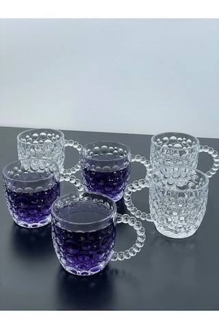 6 Lı Cam Kulplu Desenli Kupa Meşrubat Kokteyl Bardak 300ml