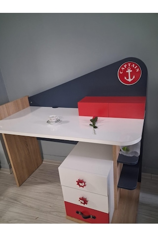 Çalışma Masa Dümen 90647 Mavi Kırmızı Renk Uyumu 1. Sınıf Suntalam Demonte Beyaz