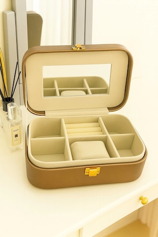 Deri Seyahat Takı Bijuteri Mücevher Kutusu Organizer Düzenleyici 20cm Bronz İthal Ürün