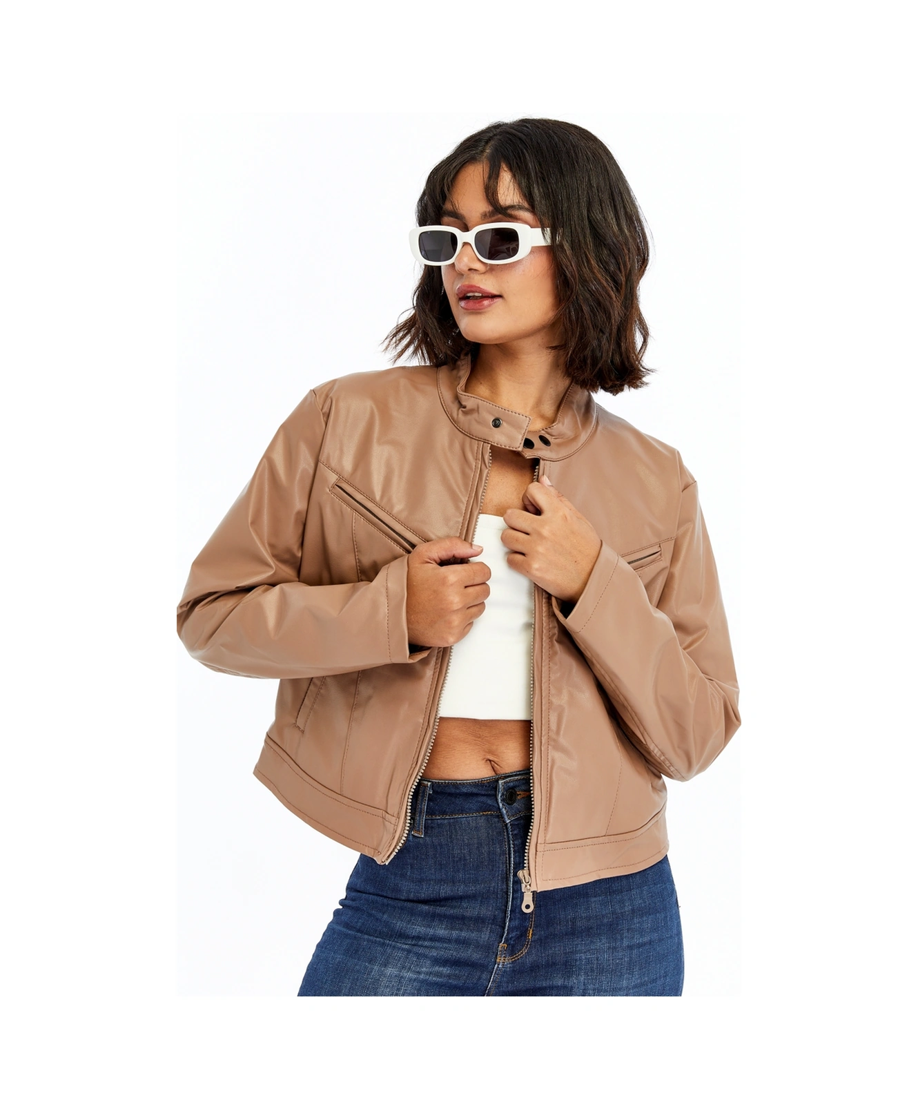 Kadın Deri Ceket Niş Kompakt Tasarım Mont Günlük Kullanım Fermuar Hakim Yaka Şık Ceket Pudra