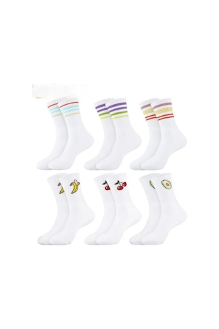 Hitit Socks Kadın 6 Çift Premium Kalite Renkli Çizgili Ve Meyve Desenli Nefes Alabilen Tenis Çorabı Beyaz
