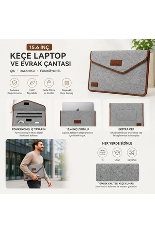 Ergonomik Gri Cırt Cırtlı Keçe Laptop Ve Evrak Çantası 15.6 İnç Sarı