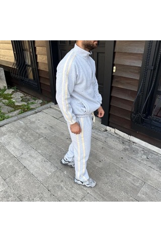 Erkek Çift Şeritli Eşofman Takım Dik Yaka Fermuarlı Sweatshirt Boru Paça Alt, Oversize 3 İplik Pamuk Gri