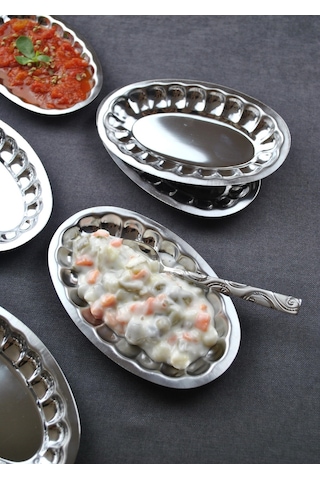 4'lü Çelik Dilimli Küçük Kayık Tabak Dilimli Kayık Tabağı Mini Meze Kahvaltı Sunum Kase 18x11 Cm Metal