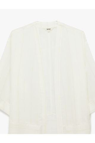 Koton Keten Karışımlı 3/4 Geniş Kol Çizgili Kimono Bej Çizgili 6sak50028uw Ekru Çizgili
