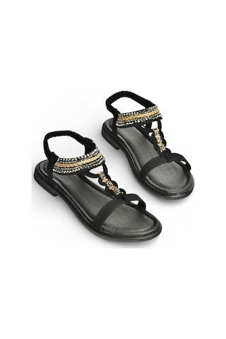Fox Shoes Y274601309 Siyah Düz Tabanlı Taş Detaylı Kadın Sandalet Siyah