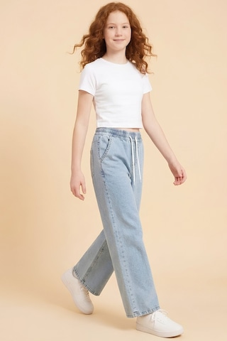 Modanino Kız Çocuk Beli Lastikli Ve Kordonlu Geniş Kesim Jean Pantolon 7-15 Yaş 12679sk Mavi