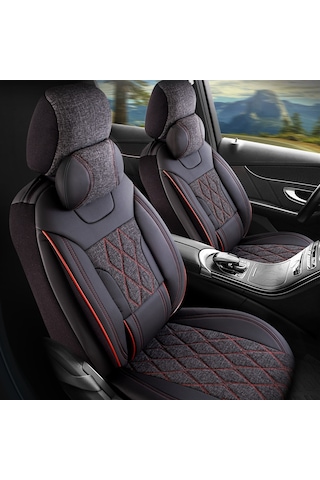 Panda Marmaris Serisi Keten Kumaş Oto Koltuk Kılıfı - Siyah - Kırmızı