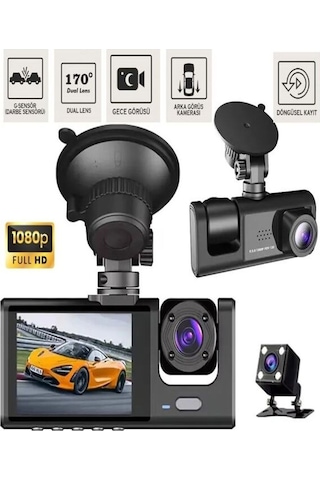 Araç İçi Kamera 1080p 3 Kameralı Ips Ekran G Sensör Gece Görüş Ultra Geniş Açı Yol Kayıt Geri Görüş