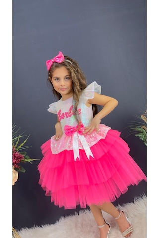 Barbie Beyaz Taçlı Kız Çocuk Doğum Günü Parti Elbisesi Abiye - Beyaz