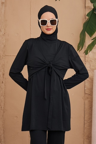Hmm Swimwear Likralı Tam Kapalı Kelebek Kruvaze Tesettür Mayo 4024 Siyah Siyah