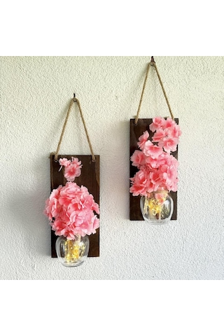 Led Işıklı, Pembe Bahardalı Çiçekli Duvar Dekoru Ceviz İkili Set Ceviz
