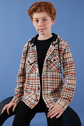 Lela Kapüşonlu Çift Cepli Ekoseli Kışlık Oduncu Erkek Çocuk Gömlek Cf24W81778 Bej-Taba