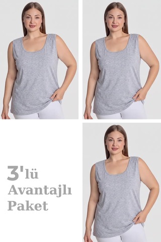 Hadpols Premium Kadın Pamuklu Büyük Beden Kalın Askılı Atlet 3'lü Paket Konforlu Nefes Alan Alt Giyim Gri-3