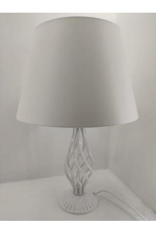 Beyaz Rustik Burgulu Taşlı Metal Ayaklı Beyaz Şapkalı Abajur Beyaz