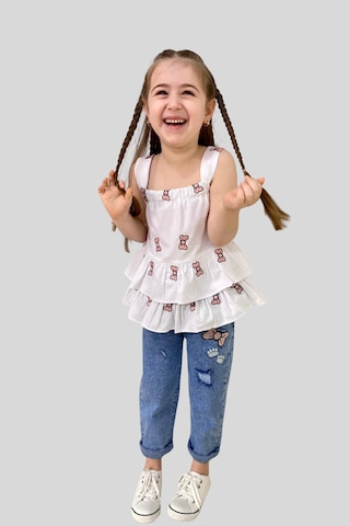 Turuncu Gardrop 3-10 Yaş Fiyonk Detay Bluz Ve Kot Pantolon Seti Beyaz