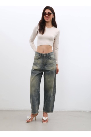 Kadın Yüksek Bel Skater Fit Jean Pantolon Tint Yeşil