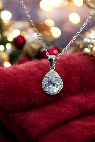 Modagümüşevi 925 Ayar Gümüş Pırlanta Tasarım Damla Kolye, Gümüş Kadın Kolye, Gümüş Kolye