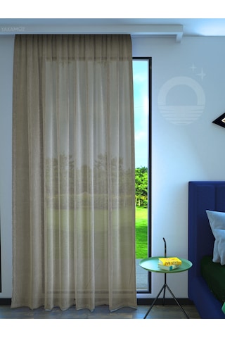 Hasır Rengi Keten Görünümlü Ekstraforlu Tül Perde Linen Touch Serisi Hasır Rengi