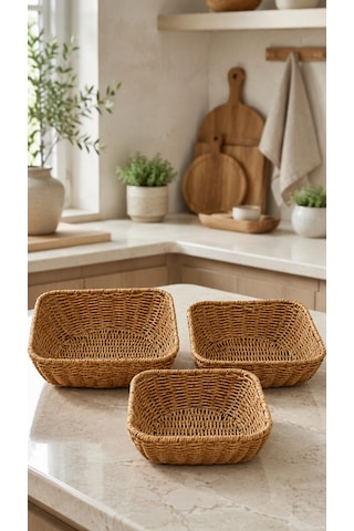 3'lü Kare Hasır Sunumluk Sepet Badya Leğen Tabak Kase - Masaüstü Organizer Rattan Sunum Meyvelik - Ekstra Kaliteli Çelik Rattan 26 X 26