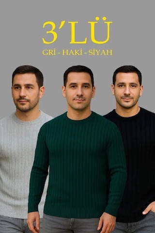 İdimilla Erkek Fitilli Triko Kazak 3lü Set Gri Haki Siyah Regular Fit Bisiklet Yaka Triko Seti Model Siyah - Gri - Haki