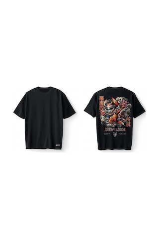 Bumeta Devilish Oni Mask Koi Balığı Japon Anime Baskılı Oversize Unisex Tişört T-shirt Siyah