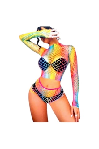 Onsekiz18shop 2 Parça Uzun Kollu Gökkuşağı Renk Bodysuit Şort Vücut Çorabı Çok Renkli