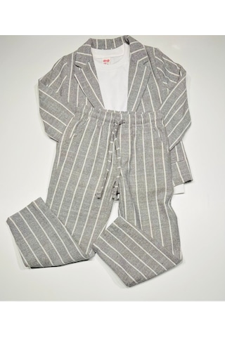 Ceketli 3 Lü Erkek Çocuk Takım Elbise Keten Pamuklu Ceket Pantalon Tişört Gri