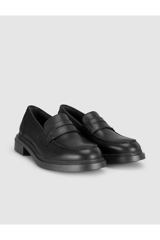 Siyah Hakiki Deri Kalın Taban Kadın Loafer Ayakkabı