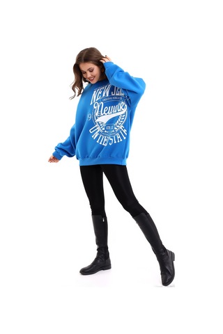 Winmoda34 Oversize Bisiklet Yaka 3 Iplik Şardonlu Kadın Sweatshirt New Jersey Mavi