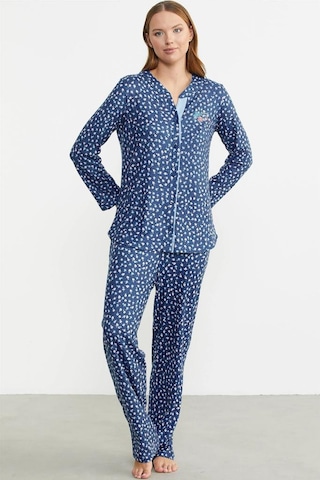 Sementa Minimal Desen Yumoş Önden Düğmeli Bayan Pijama Takım Mavi
