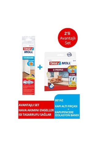 Tesamoll D-profil Kapı Pencere İzolasyon Bandı, 6mx9mmx7mm, Beyaz + Kapı Altı Hava Akımı Önleyici Fırça, 1mx37mm