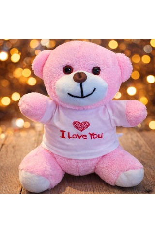 Premium Tatlı Sürpriz Romantik Detay Sevgi Dolu I Love You Tişörtlü Pembe Peluş Ayıcık Çok Renkli
