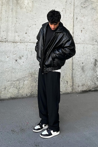 Oversize Vintage Erkek Siyah Deri Ceket Siyah